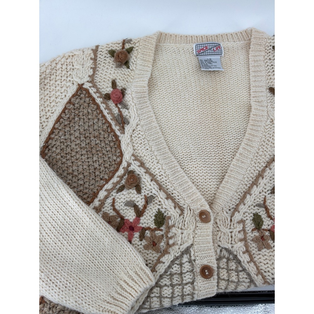 Spice of Life Vintage Floral Embroidered Chunky Knit Cardigan Cream Brown Large